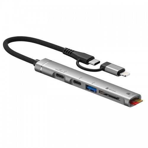 (2in1) Type C + 8Pin 019E 5 In 1 Hub With Card Reader, USB and 2 X Type C Port